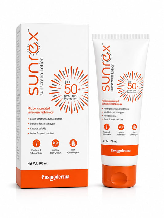 Sunrex SPF 50+ Sunscreen Lotion 100ml – Broad Spectrum UVA & UVB Protection | All Skin Types | Cosmederma