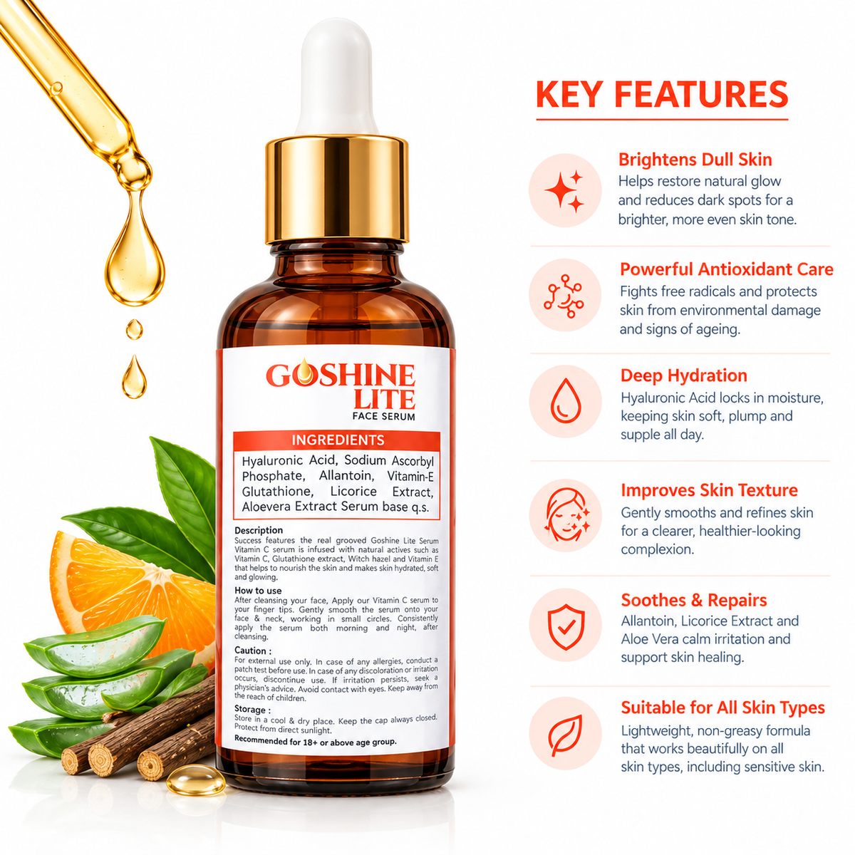 Goshine Face Serum With 10% Vitamin & Hyaluronic Acid 30ml
