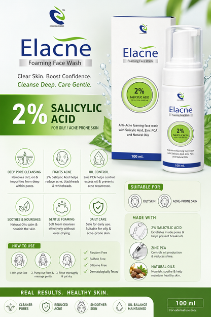 Elacne Foaming Facewash With salicylic Acid 2%,Zinc, PCA 100Ml